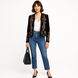 Zara Black Embroidered Velvet Jacket Beaded Boho Blazer Baroque Embellished M
